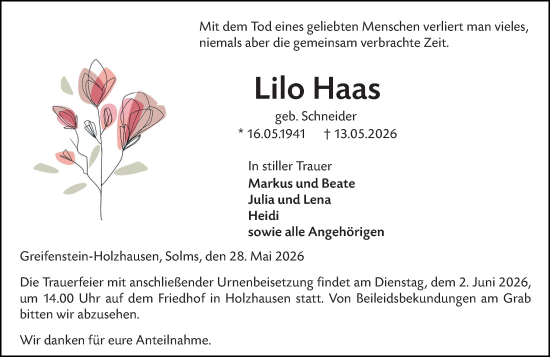 Traueranzeige von Lilo Haas von Wetzlarer Neue Zeitung