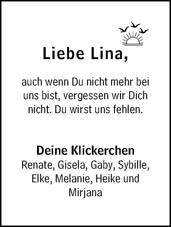 Traueranzeige von Lina  von Wiesbadener Kurier