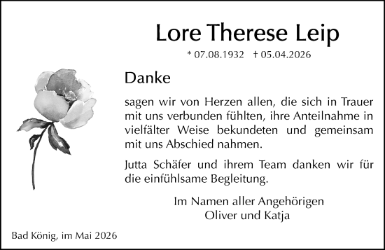 Traueranzeige von Lore Therese Leip von Odenwälder Echo