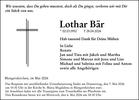 Traueranzeige von Lothar Bär von Weilburger Tageblatt