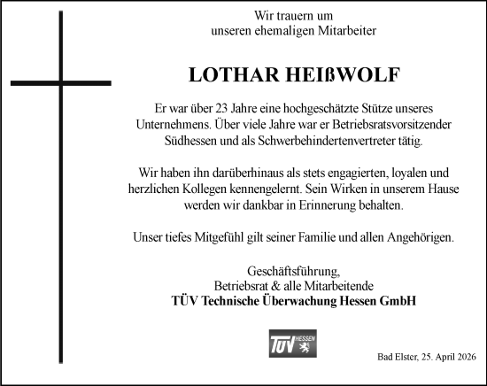 Traueranzeige von Lothar Heißwolf von Darmstädter Echo