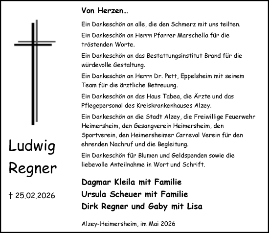 Traueranzeige von Ludwig Regner von Allgemeine Zeitung Alzey