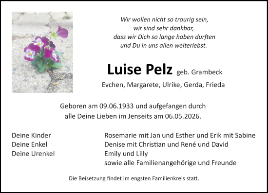 Traueranzeige von Luise Pelz von Allgemeine Zeitung Mainz