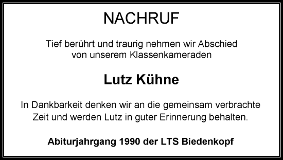 Traueranzeige von Lutz Kühne von Hinterländer Anzeiger