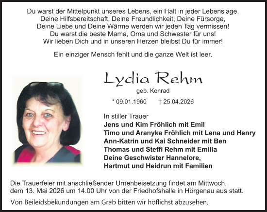Traueranzeige von Lydia Rehm von Hinterländer Anzeiger