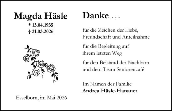Traueranzeige von Magda Häsle von Allgemeine Zeitung Alzey
