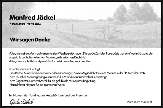 Traueranzeige von Manfred Jäckel von Wetzlarer Neue Zeitung