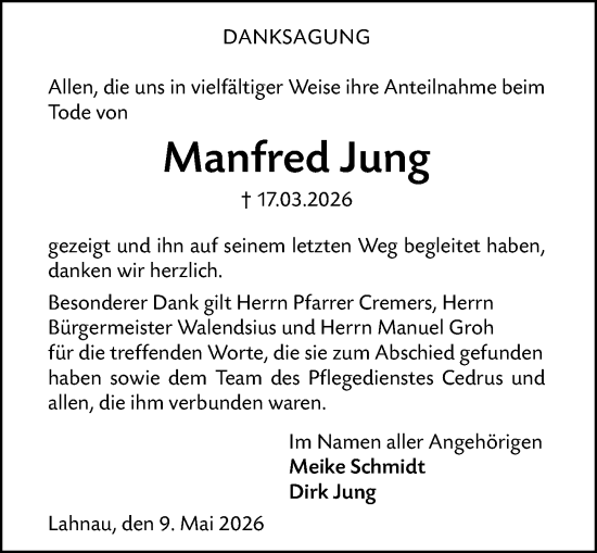 Traueranzeige von Manfred Jung von Wetzlarer Neue Zeitung