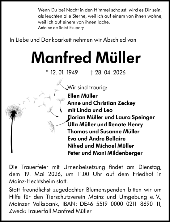 Traueranzeige von Manfred Müller von Allgemeine Zeitung Mainz
