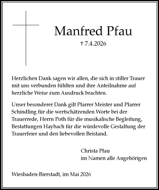 Traueranzeige von Manfred Pfau von Wiesbadener Kurier