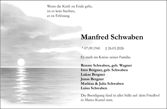 Traueranzeige von Manfred Schwaben von Allgemeine Zeitung Mainz