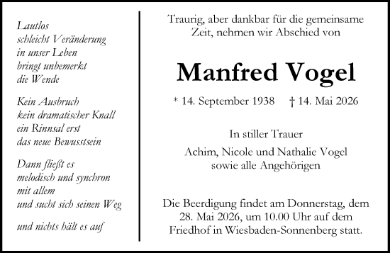Traueranzeige von Manfred Vogel von Wiesbadener Kurier