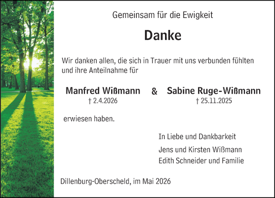 Traueranzeige von Manfred Wißmann von Dill Block