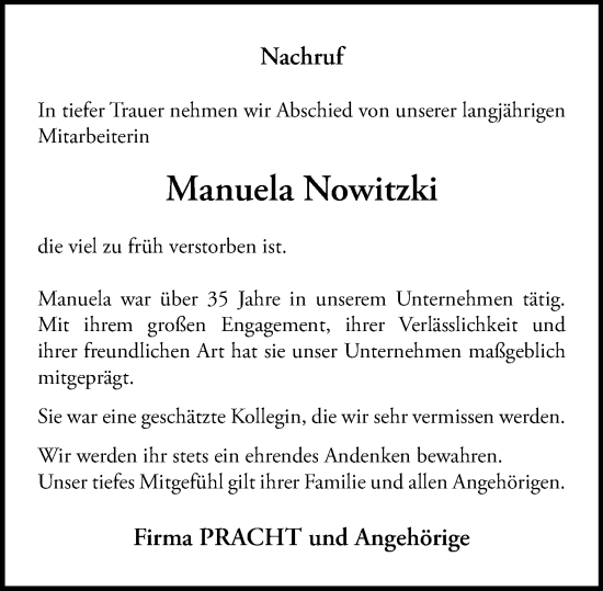 Traueranzeige von Manuela Nowitzki von Hinterländer Anzeiger