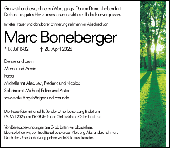 Traueranzeige von Marc Boneberger von Weilburger Tageblatt