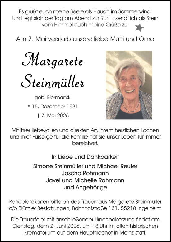 Traueranzeige von Margarete Steinmüller von Allgemeine Zeitung Rheinhessen-Nahe
