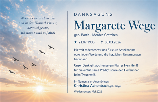 Traueranzeige von Margarete Wege von Hinterländer Anzeiger