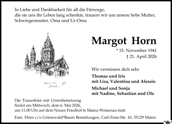 Traueranzeige von Margot Horn von Allgemeine Zeitung Mainz
