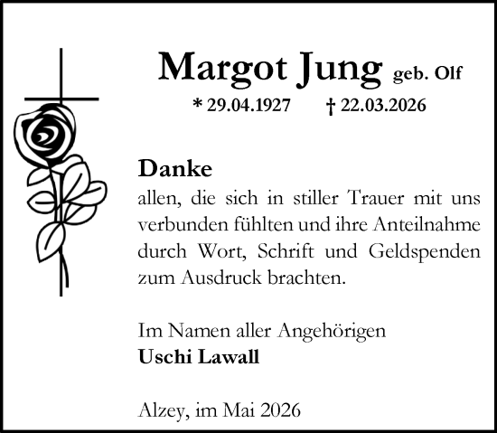 Traueranzeige von Margot Jung von Allgemeine Zeitung Alzey