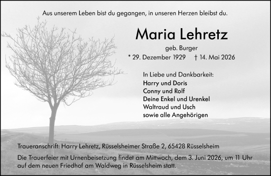 Traueranzeige von Maria Lehretz von Rüsselsheimer Echo