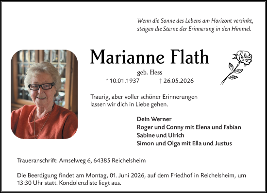 Traueranzeige von Marianne Flath von Odenwälder Echo
