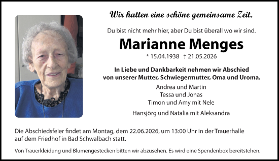 Traueranzeige von Marianne Menges von Wiesbadener Kurier