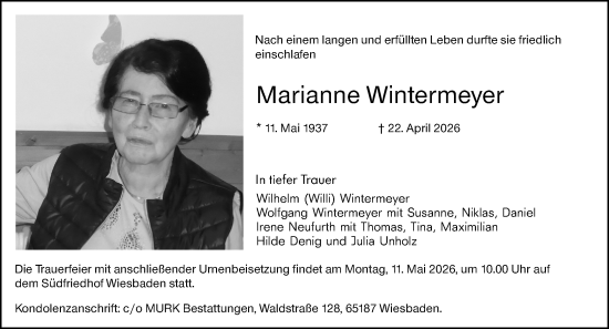 Traueranzeige von Marianne Wintermeyer von Wiesbadener Kurier