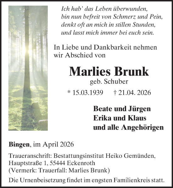 Traueranzeige von Marlies Brunk von Binger-/Ingelheimer Wochenblatt