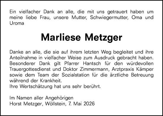 Traueranzeige von Marliese Metzger von Allgemeine Zeitung Alzey