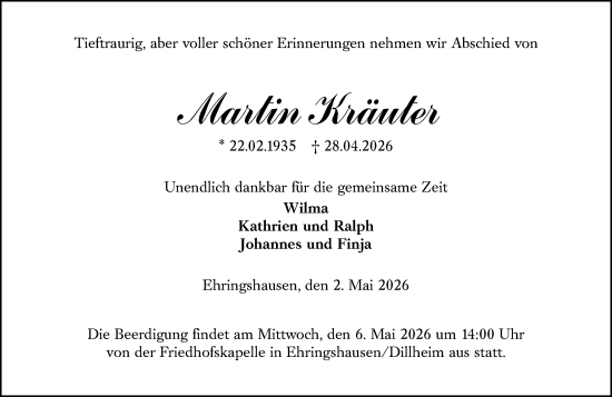 Traueranzeige von Martin Kräuter von Wetzlarer Neue Zeitung