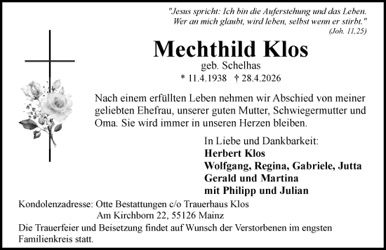 Traueranzeige von Mechthild Klos von Allgemeine Zeitung Mainz