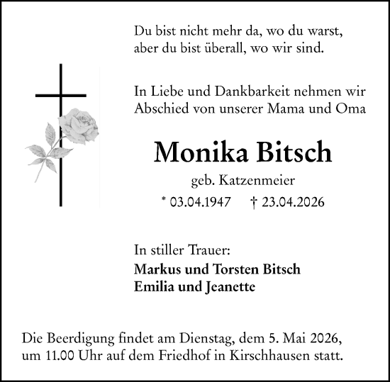 Traueranzeige von Monika Bitsch von Starkenburger Echo