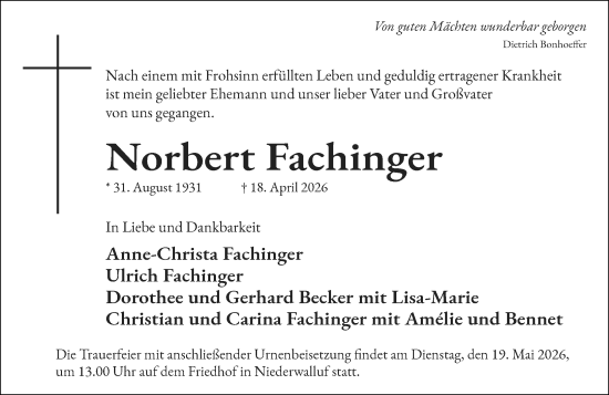 Traueranzeige von Norbert Fachinger von Wiesbadener Kurier