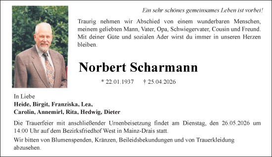 Traueranzeige von Norbert Scharmann von Allgemeine Zeitung Mainz