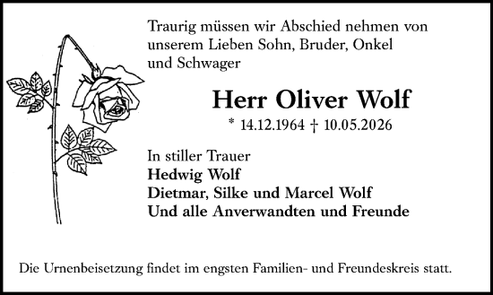 Traueranzeige von Oliver Wolf von Hinterländer Anzeiger