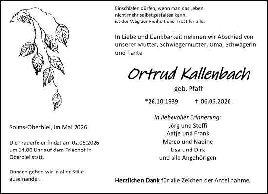 Traueranzeige von Ortrud Kallenbach von Wetzlarer Neue Zeitung