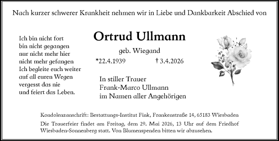 Traueranzeige von Ortrud Ullmann von Wiesbadener Kurier