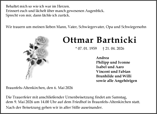 Traueranzeige von Ottmar Bartnicki von Weilburger Tageblatt