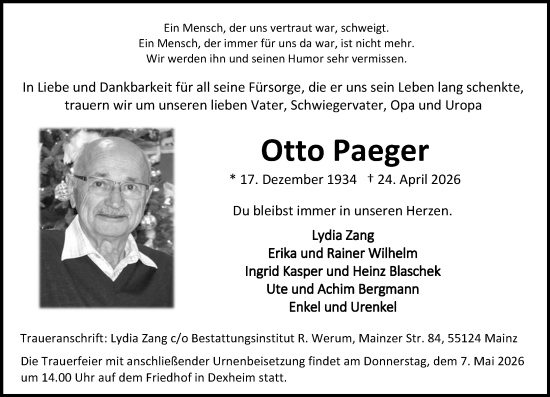 Traueranzeige von Otto Paeger von Allgemeine Zeitung Mainz