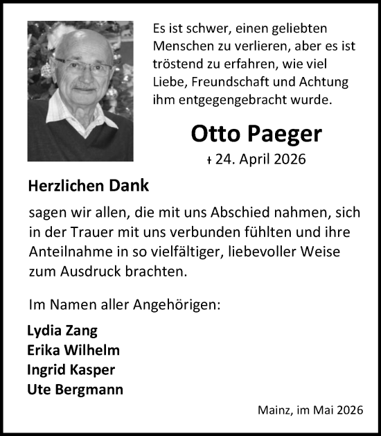 Traueranzeige von Otto Paeger von Allgemeine Zeitung Mainz