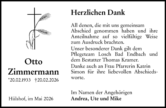 Traueranzeige von Otto Zimmermann von Hinterländer Anzeiger