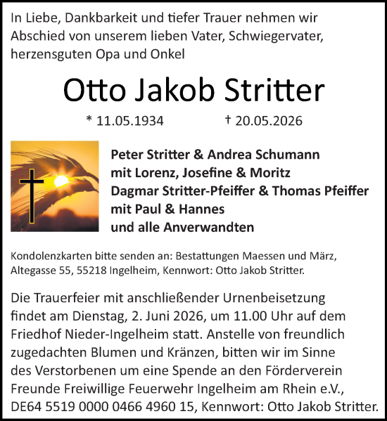 Traueranzeige von Otto Jakob Stritter von Allgemeine Zeitung Rheinhessen-Nahe