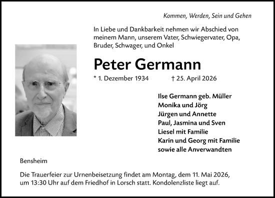 Traueranzeige von Peter Germann von Darmstädter Echo