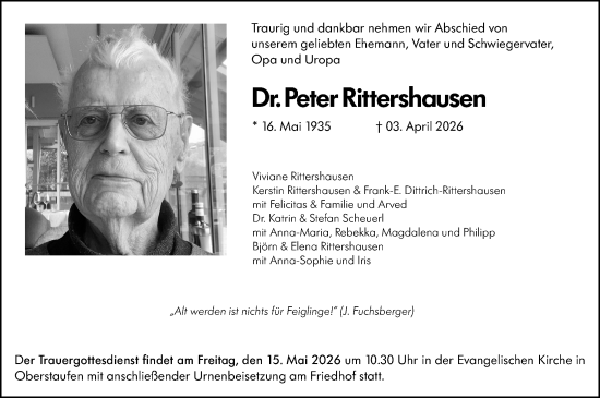 Traueranzeige von Peter Rittershausen von Dill Block
