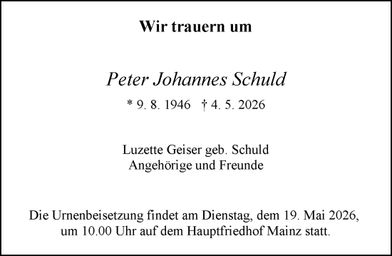 Traueranzeige von Peter Johannes Schuld von Allgemeine Zeitung Mainz