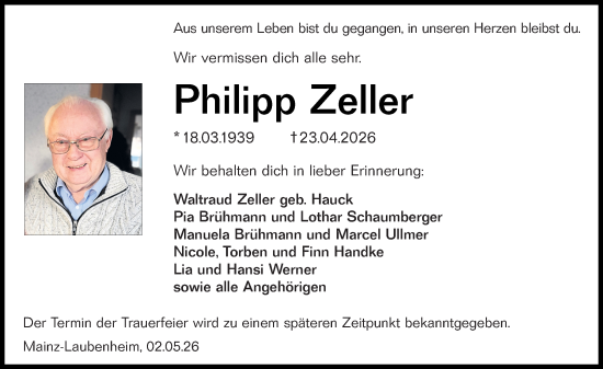 Traueranzeige von Philipp Zeller von Allgemeine Zeitung Mainz