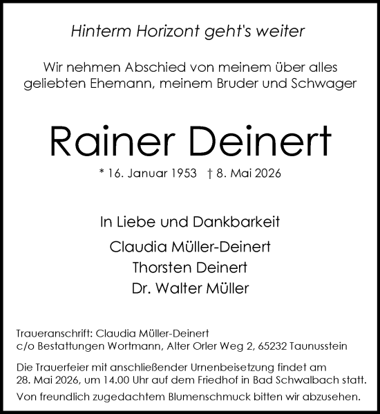 Traueranzeige von Rainer Deinert von Wiesbadener Kurier