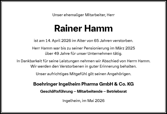 Traueranzeige von Rainer Hamm von Allgemeine Zeitung Rheinhessen-Nahe