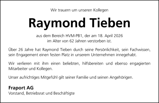 Traueranzeige von Raymond Tieben von Rüsselsheimer Echo