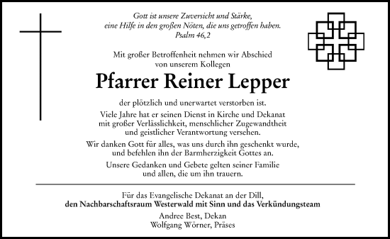 Traueranzeige von Reiner Lepper von Dill Block